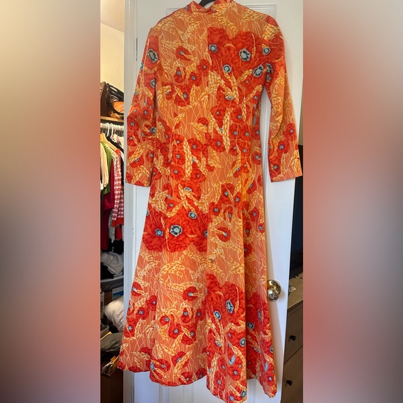 Vintage Concept 70s Swirl Hostess Dress Mandarin Collar Orange Print Size M/L 10 - Picture 4 of 4